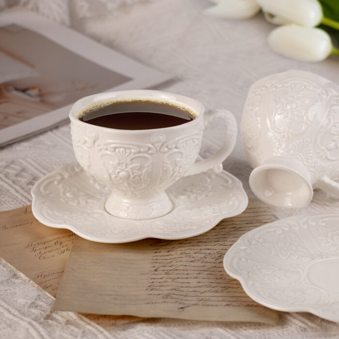 Tea Cups and Saucers Set of 2, Porcelain Coffee Cups - Image 5