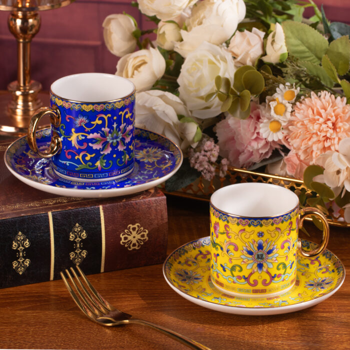 Tea Cups and Saucers Set of 2, Porcelain Coffee Cups - Image 1
