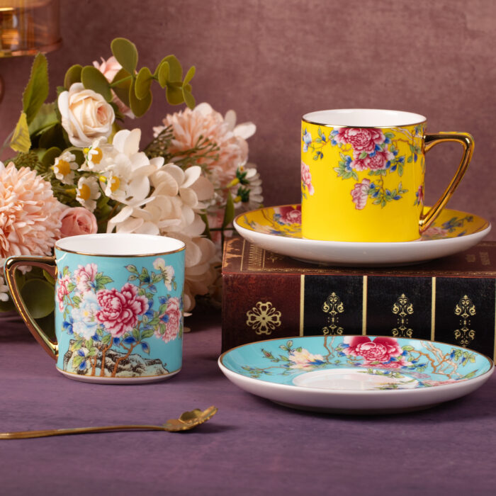 coffee cups5 Tea Cups and Saucers Set of 2, Porcelain Coffee Cup - Image 1