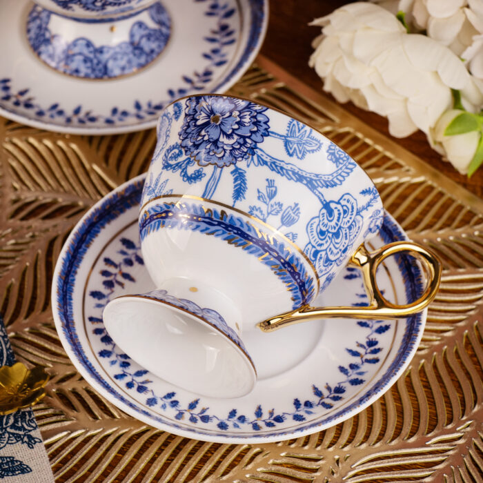 Tea Cups and Saucers Set of 2, Fine Bone China Coffee Cups - Image 4