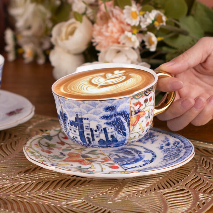 Tea Cups and Saucers Set of 2, Fine Bone China Coffee Cups - Image 3