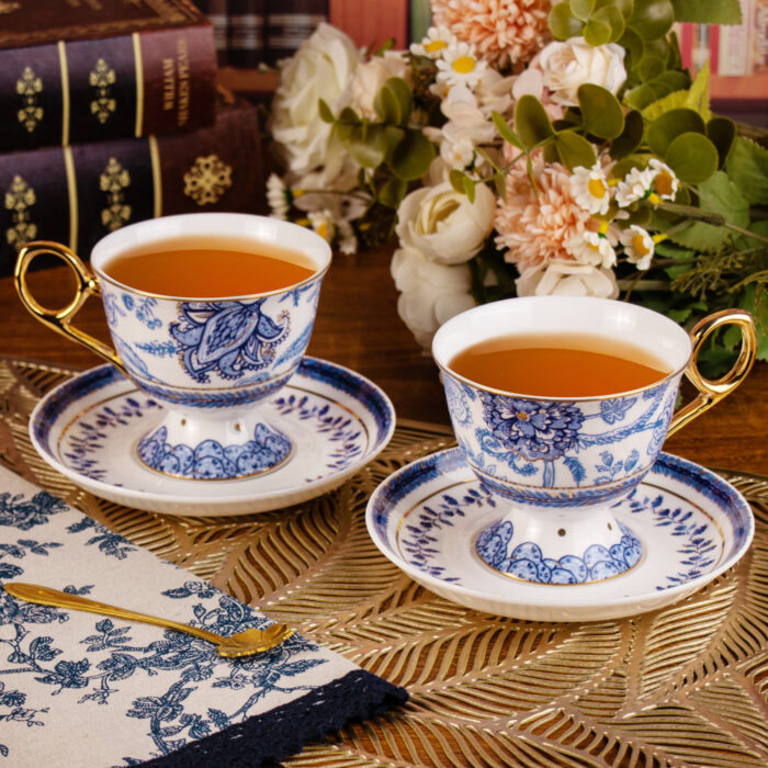 Tea Cups and Saucers Set of 2, Fine Bone China Coffee Cups - Image 5
