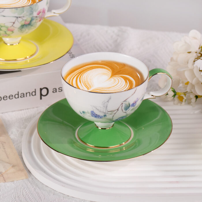 Ceramic Tea Cup and Saucer Set with Gold Trim, Grape - Image 1