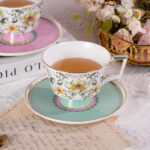 Ceramic Tea Cup and Saucer Set with Gold Trim