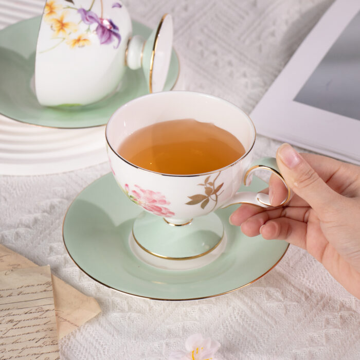 Ceramic Tea Cup and Saucer Set with Gold Trim, Passionflower - Image 5