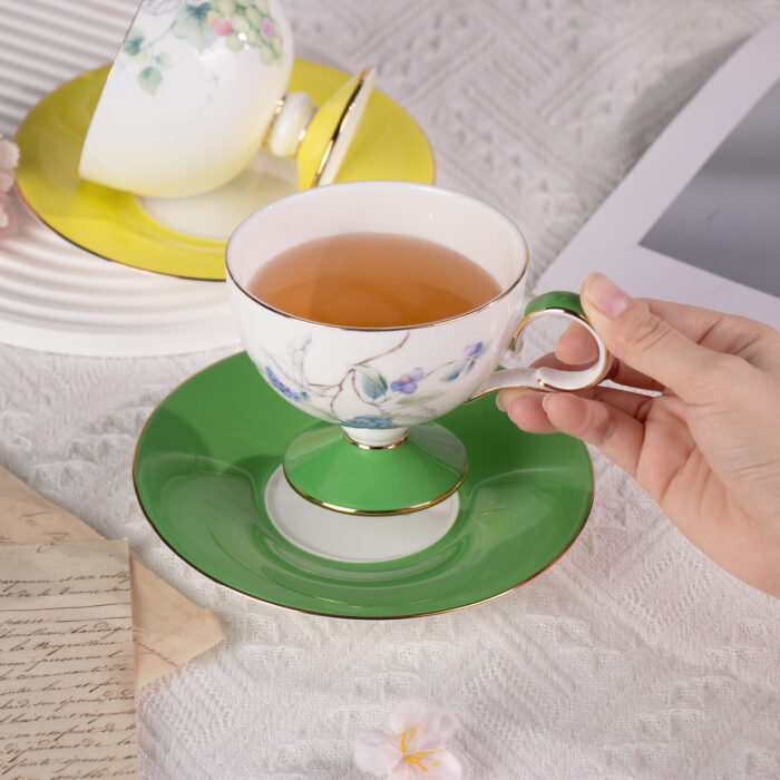 Ceramic Tea Cup and Saucer Set with Gold Trim, Grape - Image 2