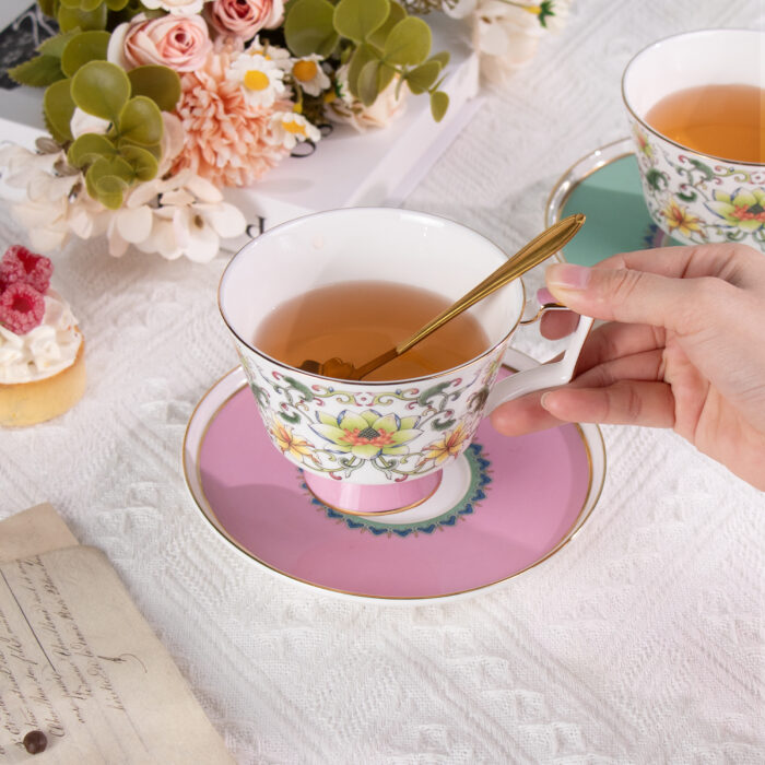 Ceramic Tea Cup and Saucer Set with Gold Trim - Image 3