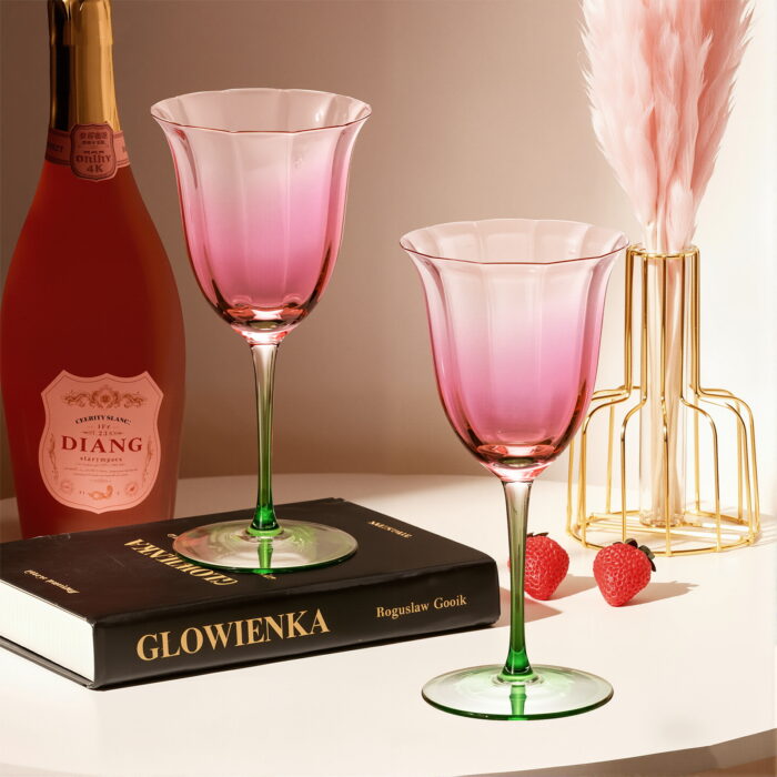 Pink-Green Flowers Crystal Red Wine Glasses Set of 2 9.47 oz - Image 2