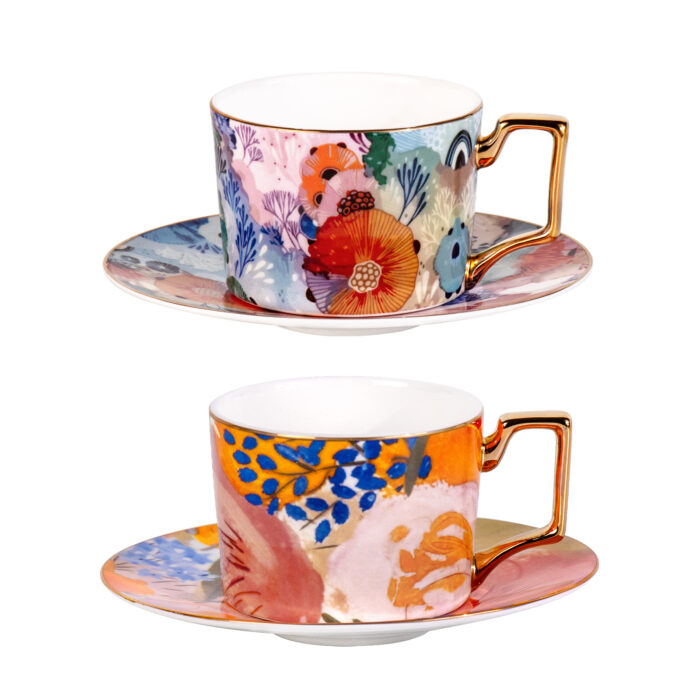 Tea Cups and Saucers Set of 2 Fine Bone China Coffee Cups - Image 2