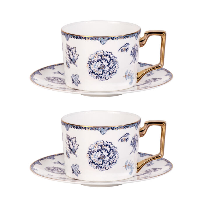 Tea Cups and Saucers Set of 2 Fine Bone China Coffee Cups - Image 2