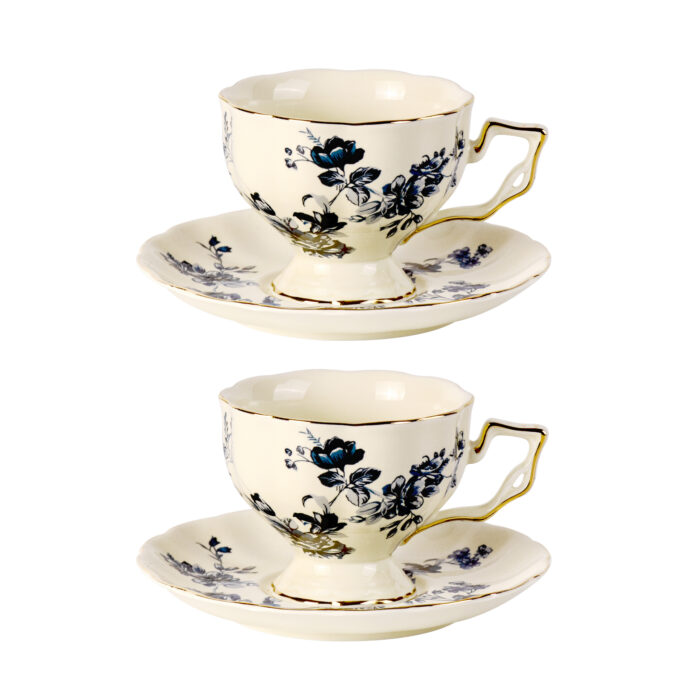 Tea Cups and Saucers Set of 2 Porcelain Coffee Cups - Image 2