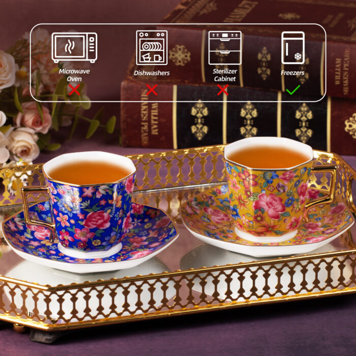 Tea Cups and Saucers Set of 2 Porcelain Coffee Cup - Image 5