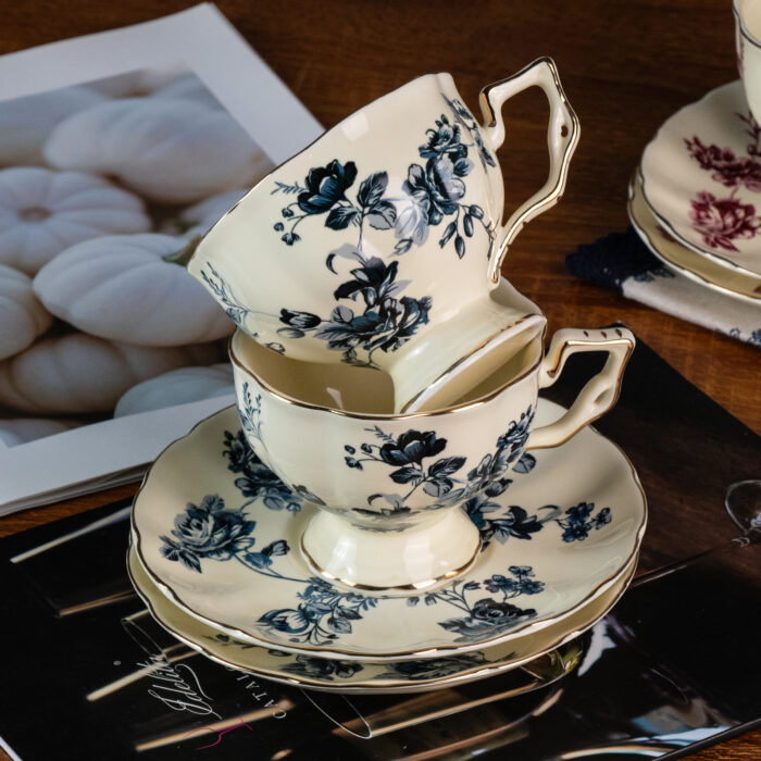 Tea Cups and Saucers Set of 2 Porcelain Coffee Cups - Image 1