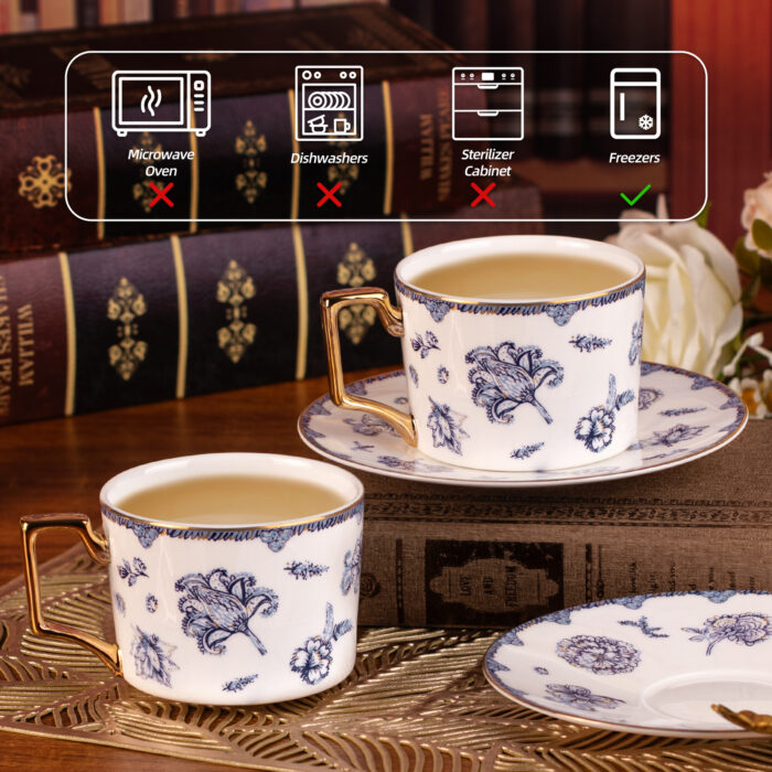 Tea Cups and Saucers Set of 2 Fine Bone China Coffee Cups - Image 4