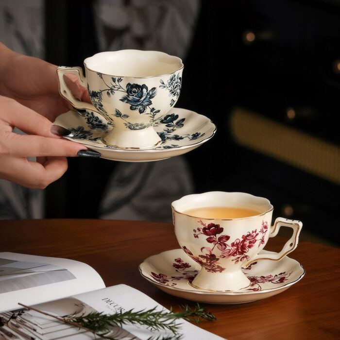 Tea Cups and Saucers Set of 2 Porcelain Coffee Cups - Image 4