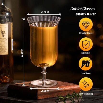 Drinking Glasses 11oz Crystal Water Goblet Glass Set of 2, Stemmed Water Glaases for Jucie, Wine, Beer,Ice Tea, Cocktail, Whiskey, Clear Ribbed Drink Glass for Party, Wedding,...