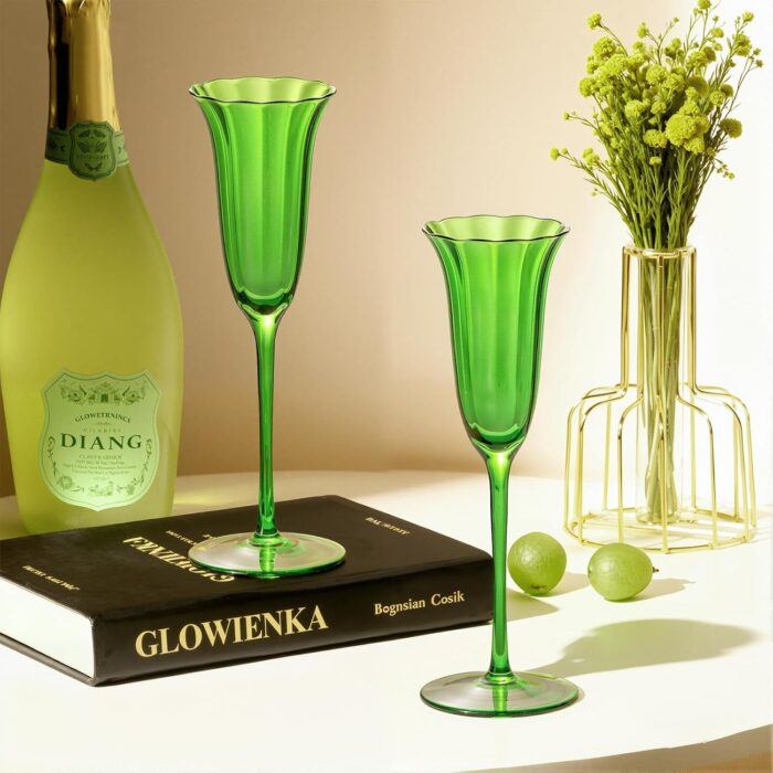 KAMMAK Champagne Flutes 3.7oz Green Champagne Glasses Set of 2, Champagne Flutes with Long Stem, Champagne Glasses Gift Ideal for Wedding, Party, Birthday, Anniversaries, Christmas