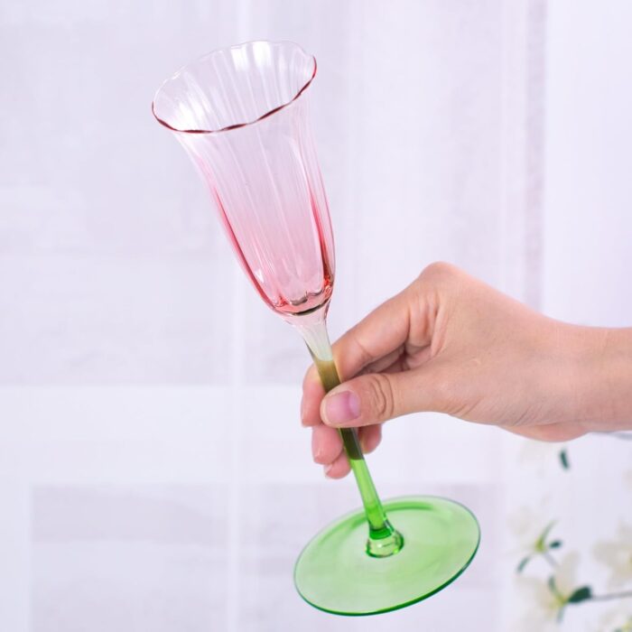 KAMMAK Champagne Flutes 3.7oz Pink and Green Champagne Glasses Set of 2, Champagne Flutes with Long Stem, Champagne Glasses Gift Ideal for Wedding, Party, Birthday,...