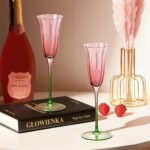 KAMMAK Champagne Flutes 3.7oz Pink and Green Champagne Glasses Set of 2, Champagne Flutes with Long Stem, Champagne Glasses Gift Ideal for Wedding, Party, Birthday,...