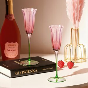 KAMMAK Champagne Flutes 3.7oz Pink and Green Champagne Glasses Set of 2, Champagne Flutes with Long Stem, Champagne Glasses Gift Ideal for Wedding, Party, Birthday,...