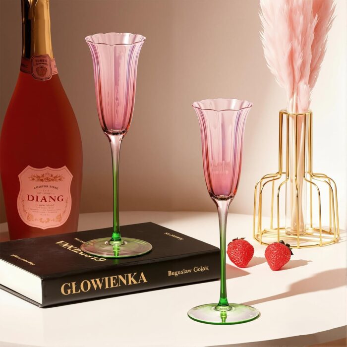 KAMMAK Champagne Flutes 3.7oz Pink and Green Champagne Glasses Set of 2, Champagne Flutes with Long Stem, Champagne Glasses Gift Ideal for Wedding, Party, Birthday,...