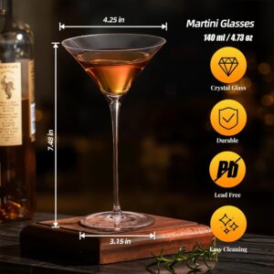 KAMMAK Martini Glasses Set of 2, 4.73 oz Clear Crystal Cocktail Glasses with Stem, Reusable Cocktail Glassware for Wedding Birthday Party, Bar, Margarita, Whiskey, Gin, Tequila,...