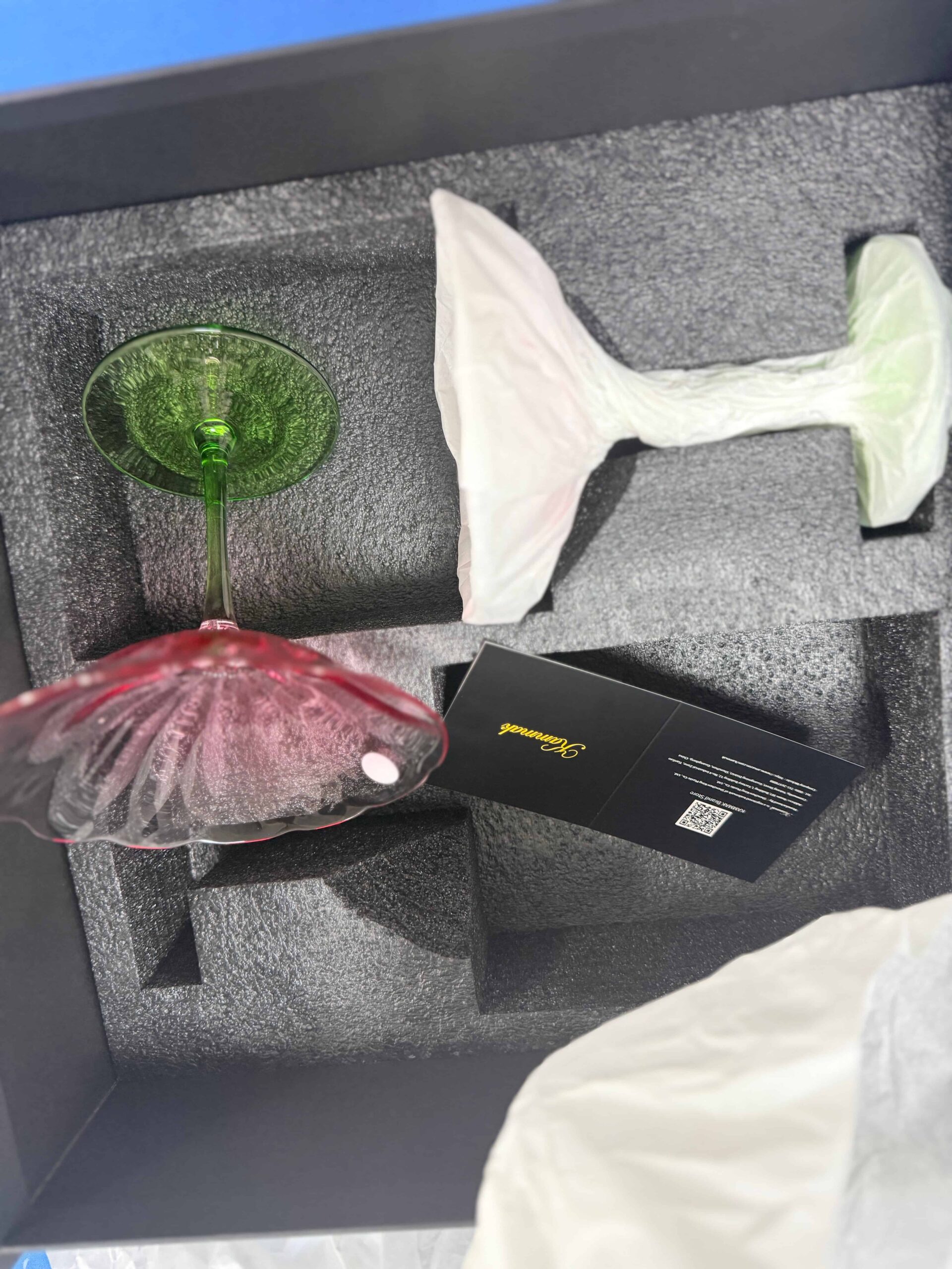 Gift-ready unboxing presentation for premium glassware packaging with protective layers inside