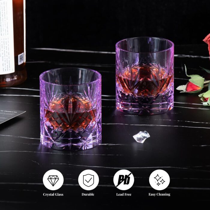 KAMMAK Crystal Whiskey Glasses Set, 8.12 oz (240 ml) Purple Old Fashioned Tumbler, Hand Blown Thick Base Colored Glass with Delicate Rim & Seamless Design for Scotch, Bourbon,...