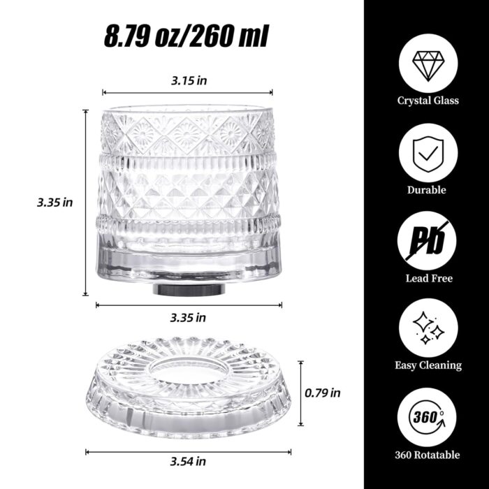 KAMMAK Crystal Whiskey Glasses Set of 2, 8.79 oz Rotatable Old Fashioned Glasses with Luxury Box, Spinning Wine Glass with Stress Relief, Gifts for Scotch, Bourbon, Liquor and...