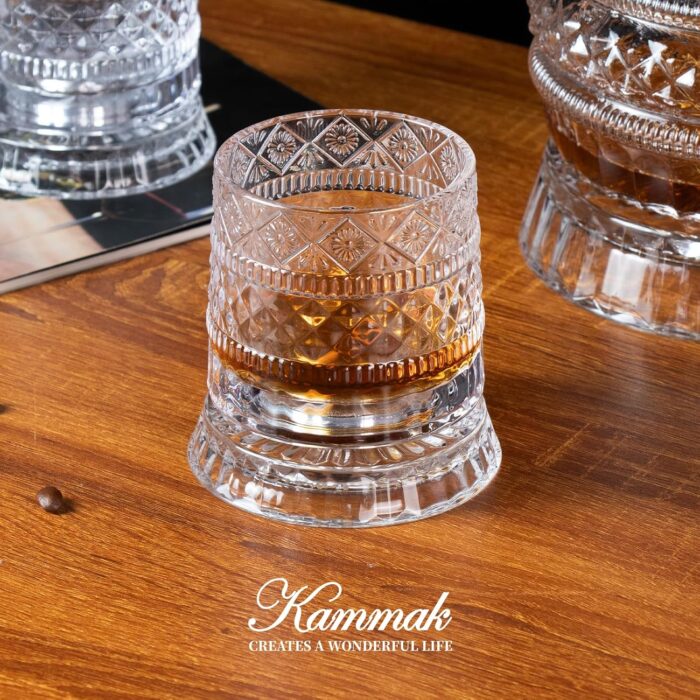 KAMMAK Crystal Whiskey Glasses Set of 2, 8.79 oz Rotatable Old Fashioned Glasses with Luxury Box, Spinning Wine Glass with Stress Relief, Gifts for Scotch, Bourbon, Liquor and...