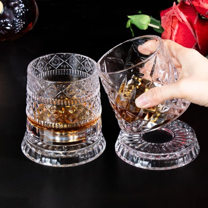KAMMAK Crystal Whiskey Glasses Set of 2, 8.79 oz Rotatable Old Fashioned Glasses with Luxury Box, Spinning Wine Glass with Stress Relief, Gifts for Scotch, Bourbon, Liquor and...