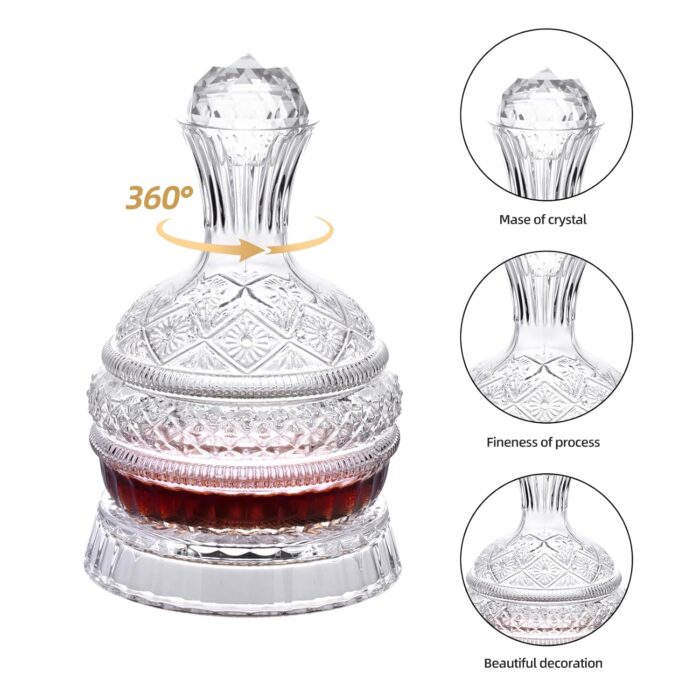 Crystal Wine Decanter, 1600ml Rotatable Glass Decanter with Stopper, Lead-Free Elegant Red Wine Carafe, Unique Wine Aerator for Bar, Party, Anniversary, Home, Banquet, Idea Gift...