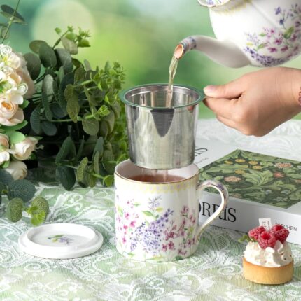 KAMMAK Bone China Mugs 15oz Coffee Mugs with Lid and Infuser, Tea Cup Porcelain Espresso Mug Fine Ceramic Tea Cups Cute Drinking Mug for Cappuccino, Latte, Coco, Americano