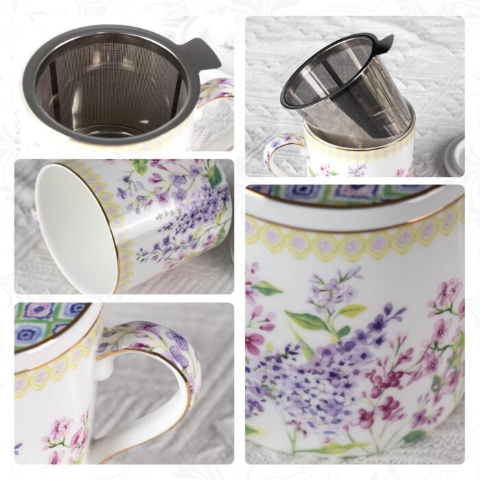 KAMMAK Bone China Mugs 15oz Coffee Mugs with Lid and Infuser, Tea Cup Porcelain Espresso Mug Fine Ceramic Tea Cups Cute Drinking Mug for Cappuccino, Latte, Coco, Americano