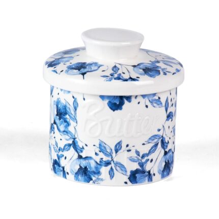 KAMMAK Butter Crock with Lid - Ceramic Butter Keeper for Countertop, Soft Spreadable Butter Dish with Water Line, Housewarming Gifts, Kitchen and Home Decor, Aquatic Flower - 6.7oz