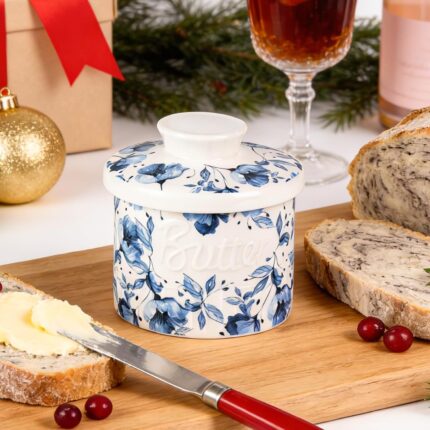 KAMMAK Butter Crock with Lid - Ceramic Butter Keeper for Countertop, Soft Spreadable Butter Dish with Water Line, Housewarming Gifts, Kitchen and Home Decor, Aquatic Flower - 6.7oz