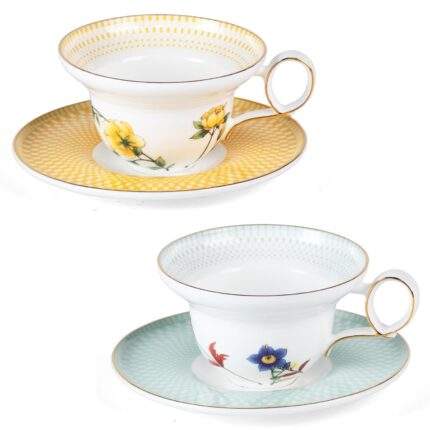 KAMMAK Ceramic Coffee Cups Saucers Set of 2, Porcelain Espresso Cups with Saucers, 5.92 oz Handmade Elegant Bone China Tea Cup, Ceramic Floral Pattern Demitasse for Latte,...