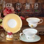 KAMMAK Ceramic Coffee Cups Saucers Set of 2, Porcelain Espresso Cups with Saucers, 5.92 oz Handmade Elegant Bone China Tea Cup, Ceramic Floral Pattern Demitasse for Latte,...