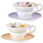 KAMMAK Ceramic Coffee Cups Saucers Set of 2, Porcelain Espresso Cups with Saucers, 5.92 oz Handmade Elegant Bone China Tea Cup, Ceramic Floral Pattern Demitasse for Latte,...