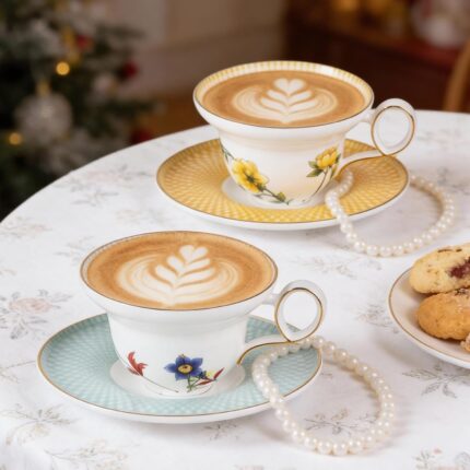 KAMMAK Ceramic Coffee Cups Saucers Set of 2, Porcelain Espresso Cups with Saucers, 5.92 oz Handmade Elegant Bone China Tea Cup, Ceramic Floral Pattern Demitasse for Latte,...