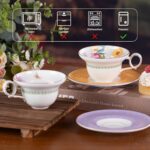 KAMMAK Ceramic Coffee Cups Saucers Set of 2, Porcelain Espresso Cups with Saucers, 5.92 oz Handmade Elegant Bone China Tea Cup, Ceramic Floral Pattern Demitasse for Latte,...