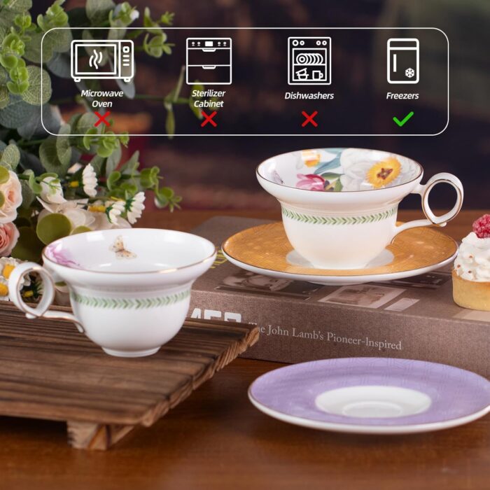 KAMMAK Ceramic Coffee Cups Saucers Set of 2, Porcelain Espresso Cups with Saucers, 5.92 oz Handmade Elegant Bone China Tea Cup, Ceramic Floral Pattern Demitasse for Latte,...