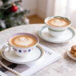 KAMMAK Ceramic Coffee Cups Saucers Set of 2, Porcelain Espresso Cups with Saucers, 5.92 oz Handmade Elegant Bone China Tea Cup, Ceramic Floral Pattern Demitasse for Latte,...