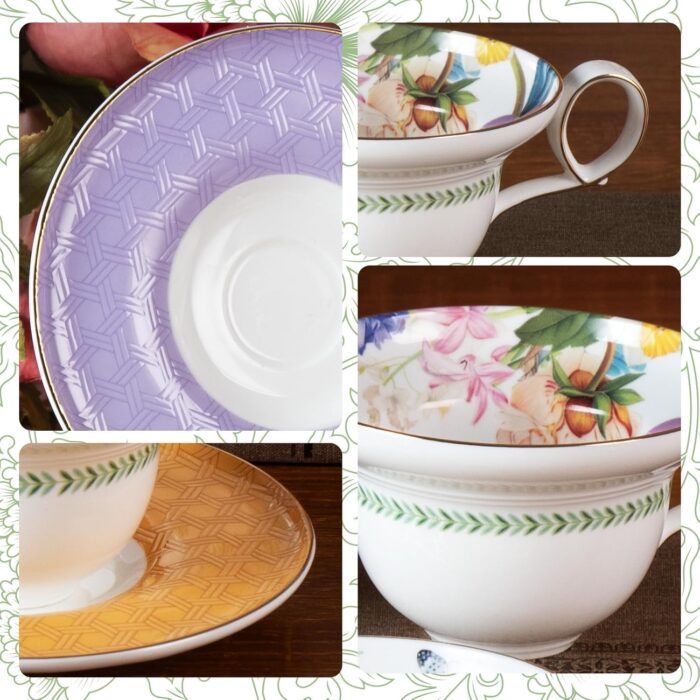 KAMMAK Ceramic Coffee Cups Saucers Set of 2, Porcelain Espresso Cups with Saucers, 5.92 oz Handmade Elegant Bone China Tea Cup, Ceramic Floral Pattern Demitasse for Latte,...
