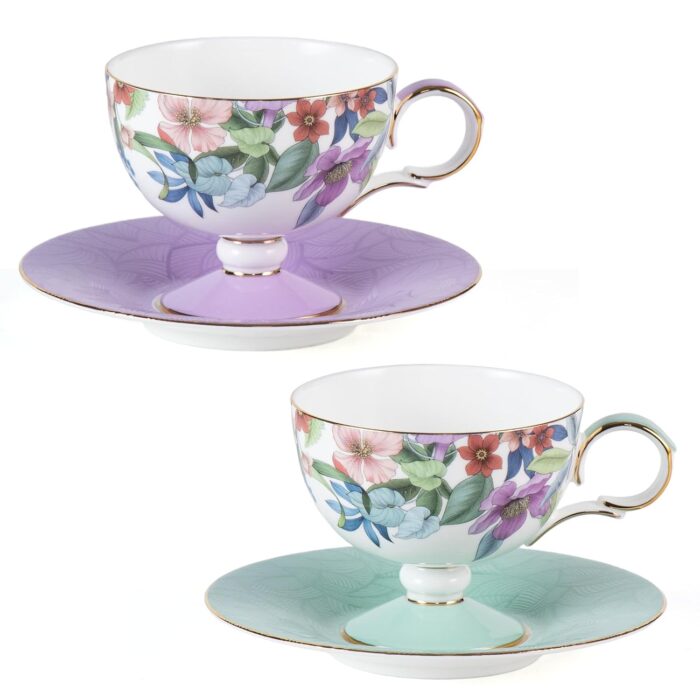 KAMMAK Ceramic Coffee Cups Saucers Set of 2, Porcelain Espresso Cups with Saucers, 6.52 oz Handmade Elegant Bone China Tea Cup, Ceramic Floral Pattern Demitasse for Latte,...