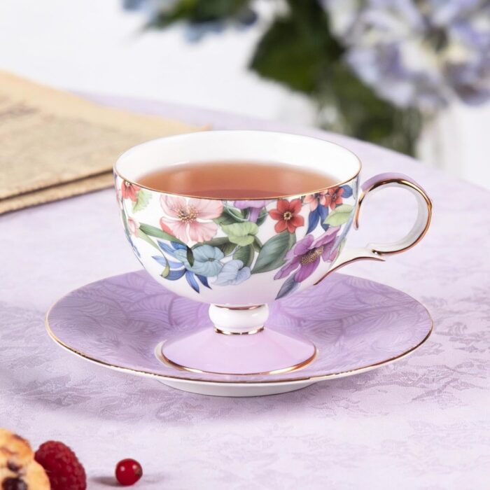 KAMMAK Ceramic Coffee Cups Saucers Set of 2, Porcelain Espresso Cups with Saucers, 6.52 oz Handmade Elegant Bone China Tea Cup, Ceramic Floral Pattern Demitasse for Latte,...