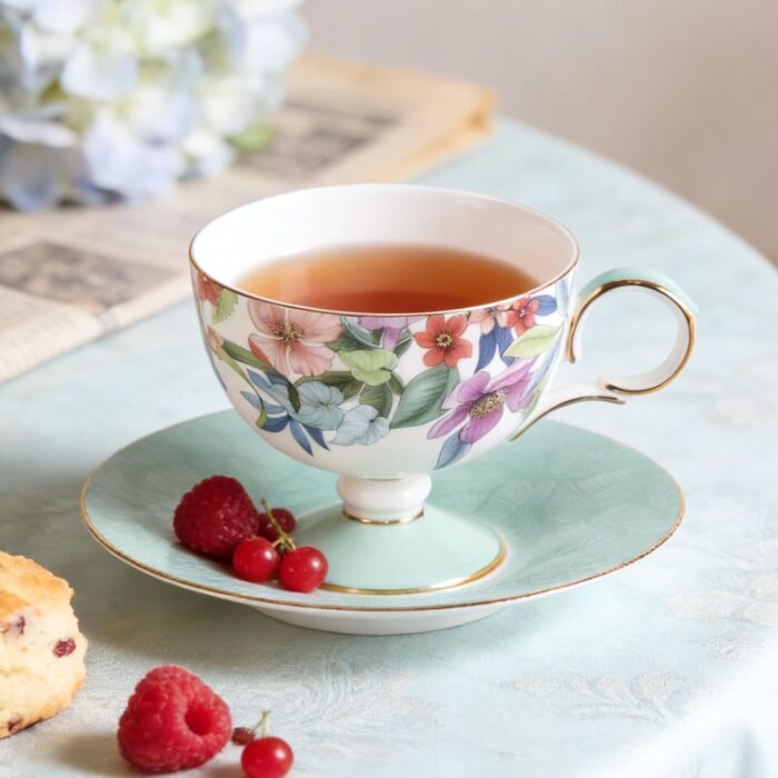 KAMMAK Ceramic Coffee Cups Saucers Set of 2, Porcelain Espresso Cups with Saucers, 6.52 oz Handmade Elegant Bone China Tea Cup, Ceramic Floral Pattern Demitasse for Latte,...