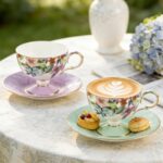 KAMMAK Ceramic Coffee Cups Saucers Set of 2, Porcelain Espresso Cups with Saucers, 6.52 oz Handmade Elegant Bone China Tea Cup, Ceramic Floral Pattern Demitasse for Latte,...