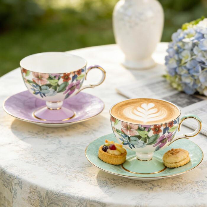 KAMMAK Ceramic Coffee Cups Saucers Set of 2, Porcelain Espresso Cups with Saucers, 6.52 oz Handmade Elegant Bone China Tea Cup, Ceramic Floral Pattern Demitasse for Latte,... KAMMAK Ceramic Coffee Cups Saucers Set of 2, Porcelain Espresso Cups with Saucers, 6.52 oz Handmade Elegant Bone China Tea Cup, Ceramic Floral Pattern Demitasse for Latte,...