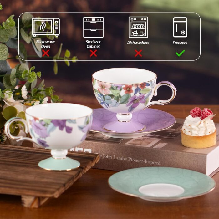 KAMMAK Ceramic Coffee Cups Saucers Set of 2, Porcelain Espresso Cups with Saucers, 6.52 oz Handmade Elegant Bone China Tea Cup, Ceramic Floral Pattern Demitasse for Latte,...